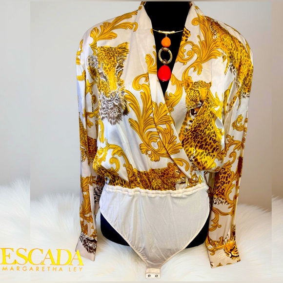 ♥️ ESCADA by Margaretha Ley Vintage Silk Gold Cream Animal print Bodysuit Large - Picture 1 of 10